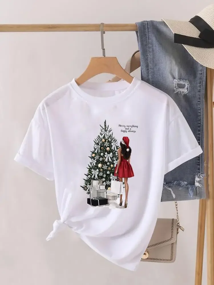 Cartoon Lovely Style Short Sleeve Print Fashion Women Shirt Tee Top Christmas Clothing Clothes Graphic T-shirt