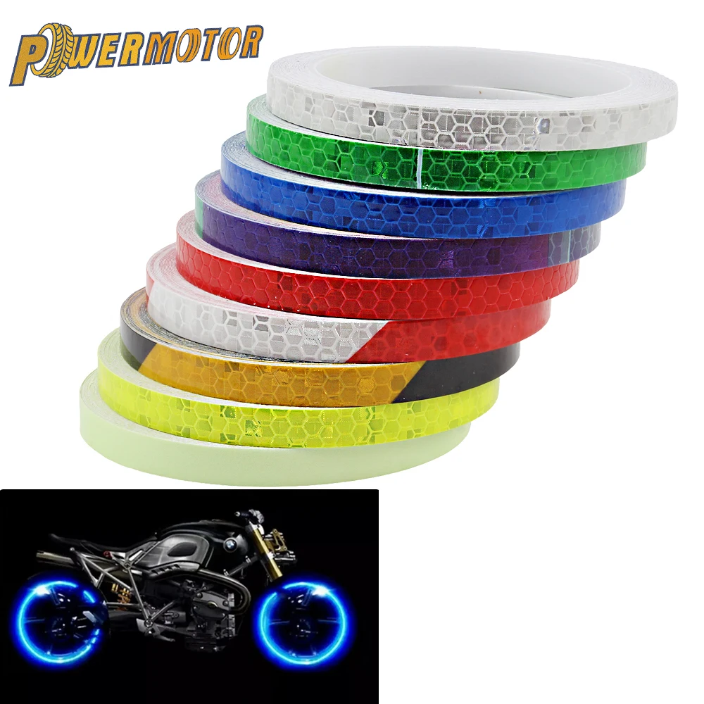 1cm*8m Motorcycle Rim Tape Reflective Wheel Stickers Warning Effect Decals Bright Car Fluorescent Reflect Strip Adhesive Tape