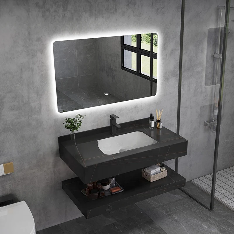 Factory Supply Modern Hotel Marble Sintered Stone Basin Sink Cabinet Smart LED Mirror Bathroom Vanity