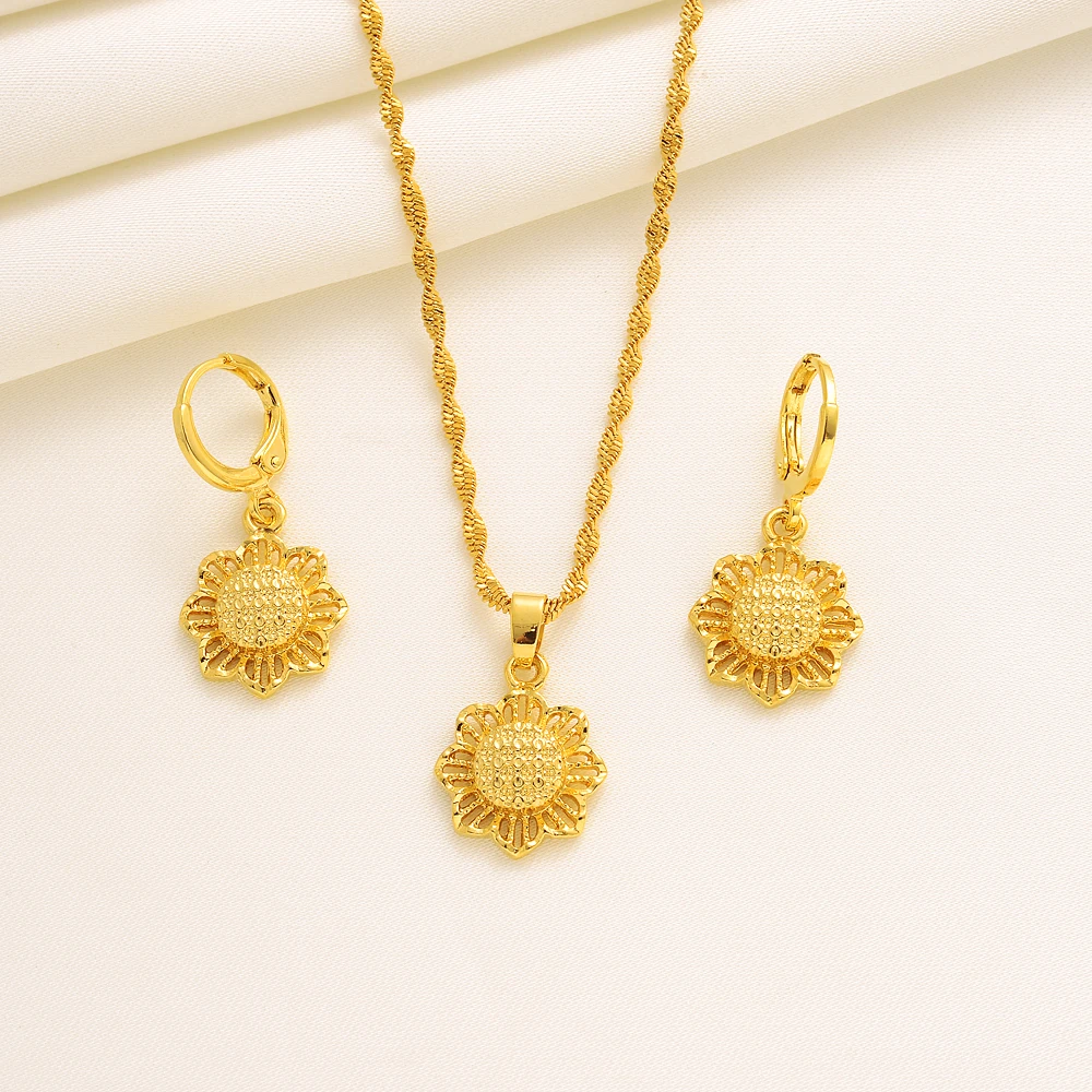 Dubai 18K Gold Plated Sun Flower Wedding Gift Pendant Necklace Earring Bridal Jewelry Sets Jewellery Set for Women