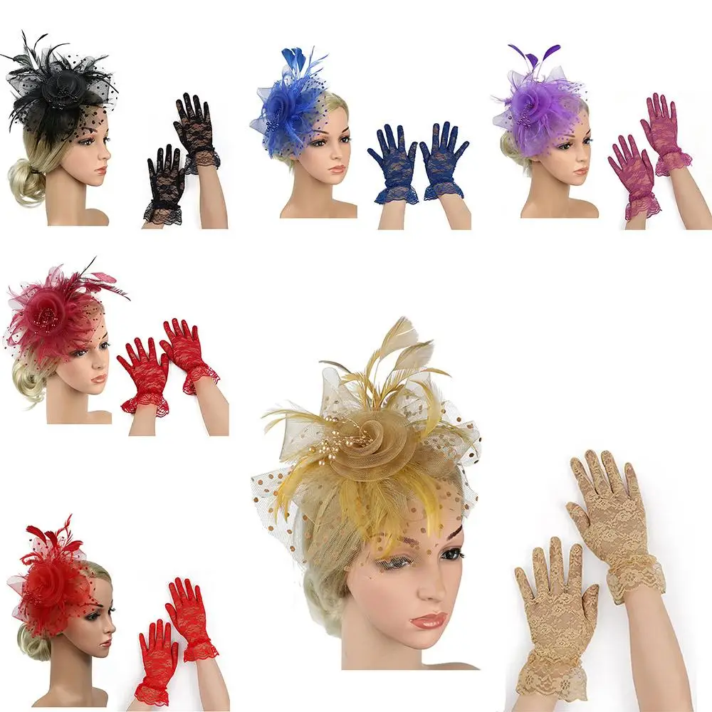 

Винтажный сетчатый головной убор с цветами и перьями и перчатки в комплекте, коктейльный свадебный фасцинатор, стильная повязка на голову в стиле Алисы для женщин и девушек
