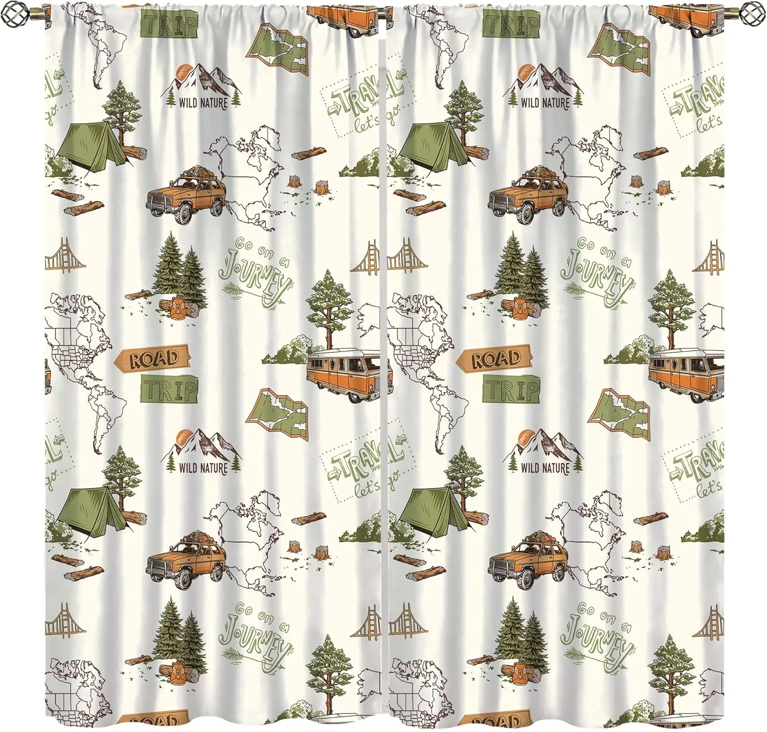Camping Window Curtains, Rustic Jeep Tent Map Outdoor Theme Rod Pocket Drapes for Kitchen Living Room Dinning Room Bedroom