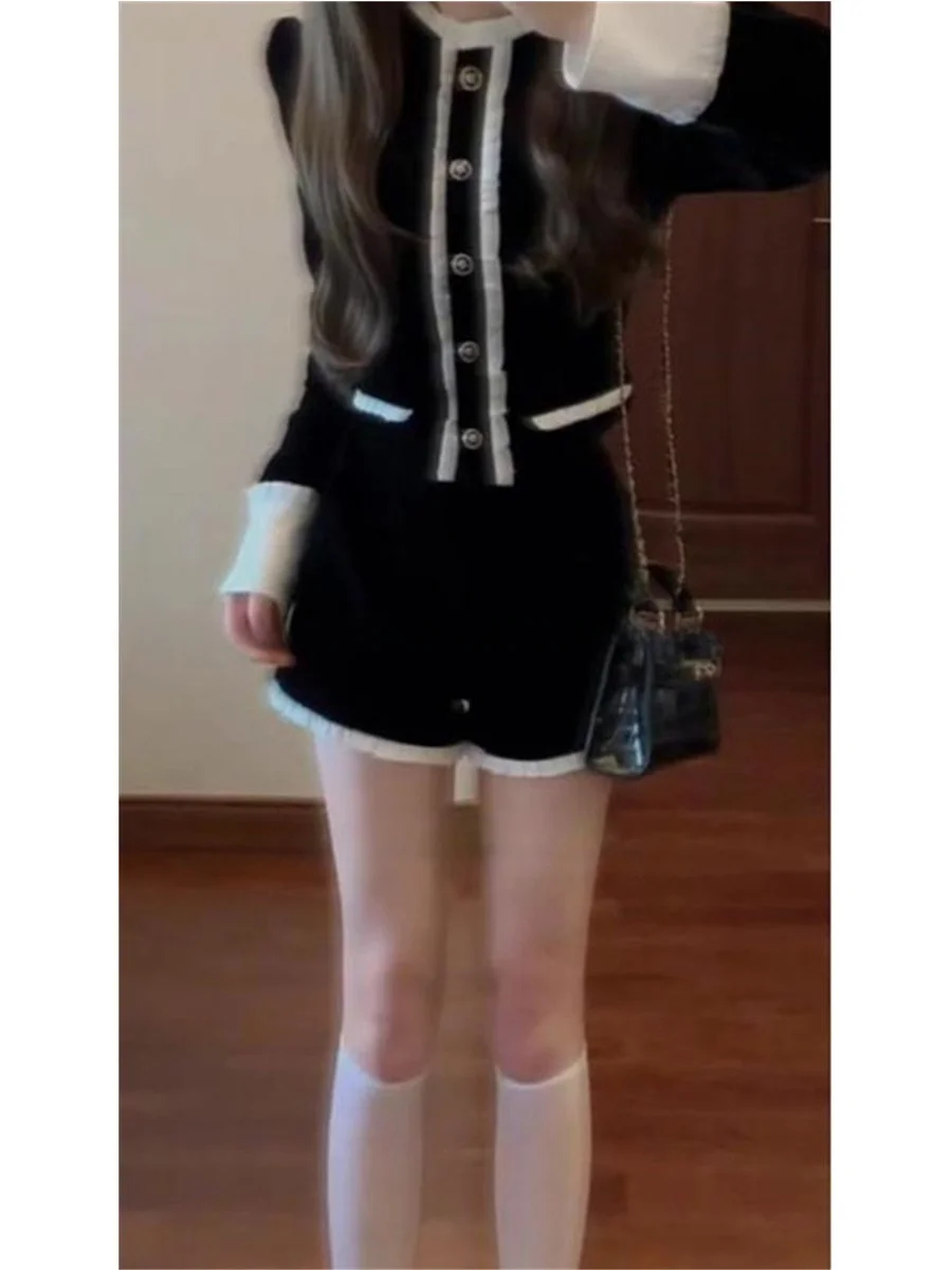 Black Velvet Short Coat And Pants Set for Women Elegant Quality Spring Autumn Fashion Set round Neck Button up Polyester