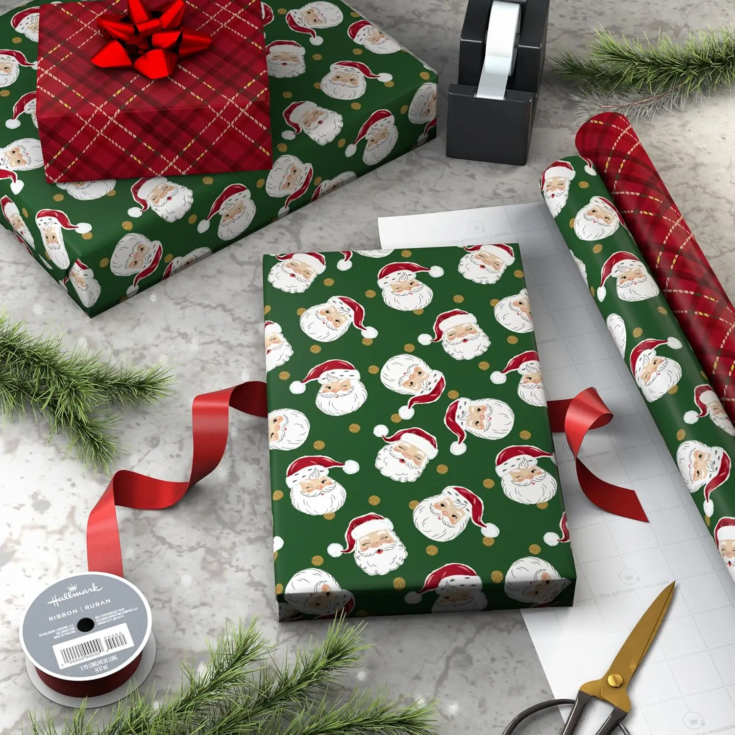 Hallmark Classic Christmas Wrapping Paper Rolls (2 Rolls: 160 Sq.Ft. Total) Santa Claus Faces on Green, Barn Red and Cream Plaid
