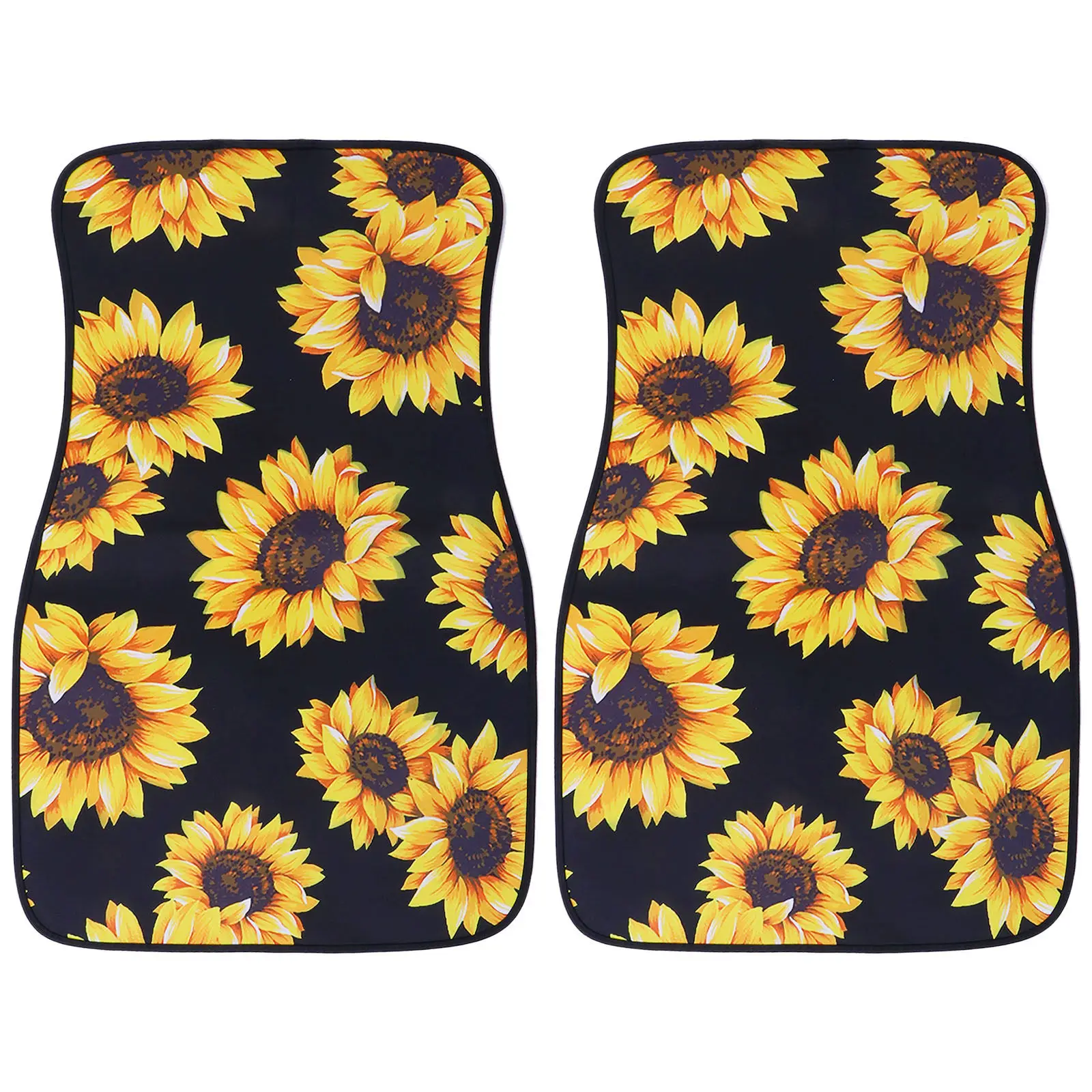 

2pcs Yellow Black Sunflower Pattern Car Floor Mat Universal Replacement For All Vehicles Durable Foot Pads Vehicle