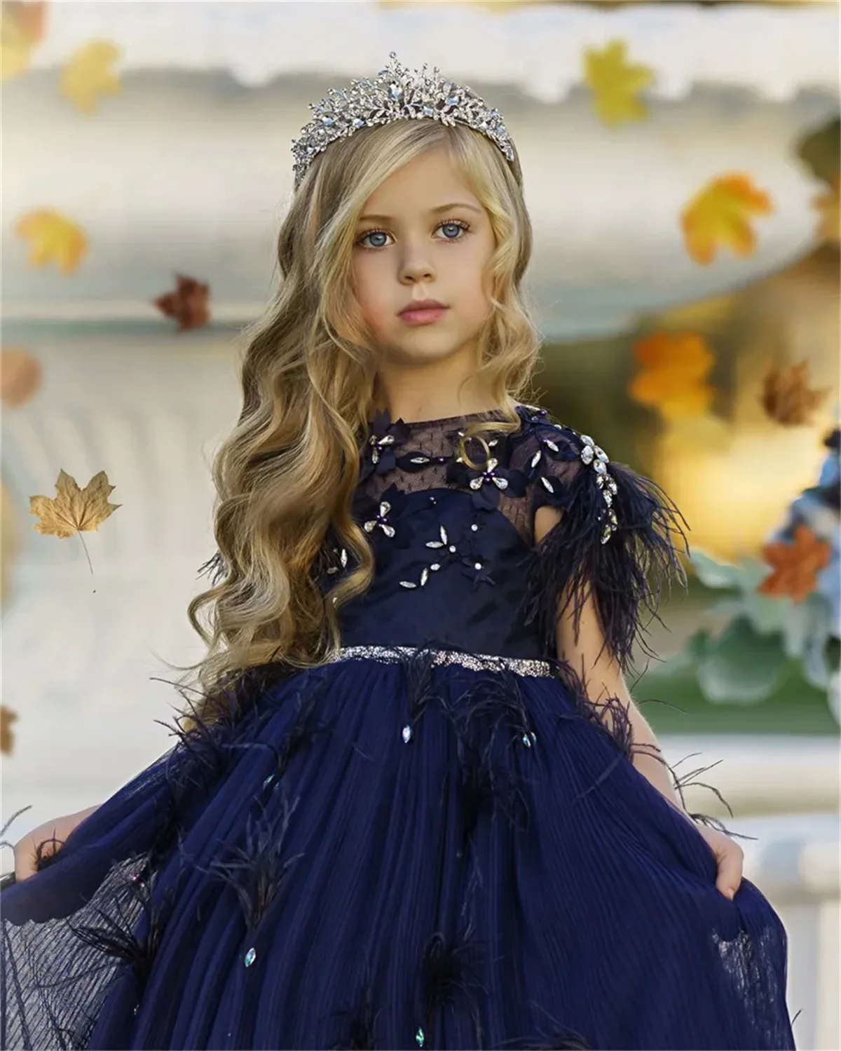 Vestido de niña de flores azul marino, apliques esponjosos de tul con cuentas, manga corta, plumas, vestidos de fiesta de cumpleaños eucarísticos para niños