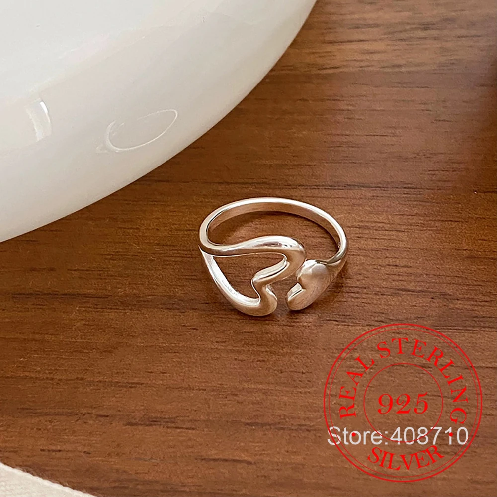 

925 Sterling Silver Jewelry Simple Hollow Love Heart Open Finger Rings for Women Wedding Party Jewelry For Girls Friend Gift