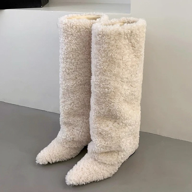 

Fur Wedges Women High Boots Pointed Toe Designer Shoes Fashion Sexy Winter Snow Boots 2025 New Warm Luxury Mujer Chelsea Botas