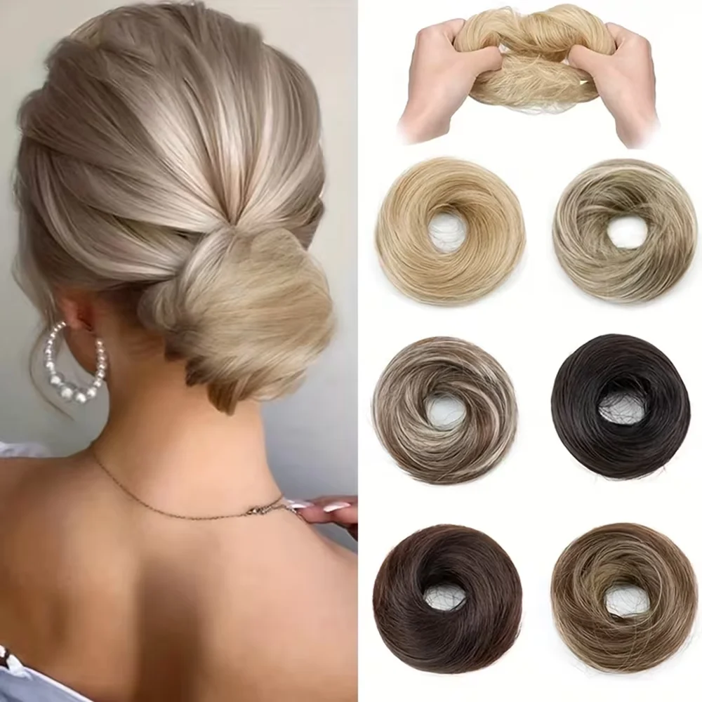 Synthetic Straight Hair Bun Hairpiece Basic Bun for Volume Height Fullness Updos Elastic Rubber Band Suitable for all Hair Types