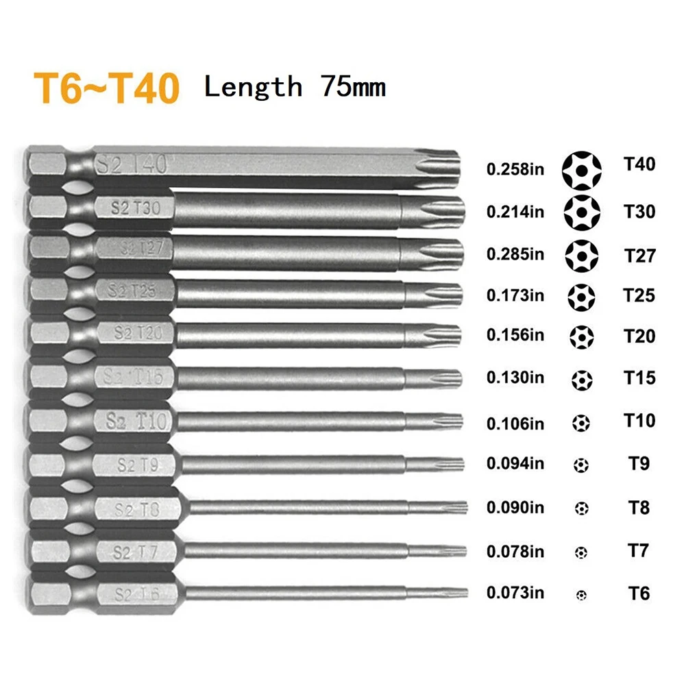 1pc T40 Magnetic Head Torx Screwdriver Bit 75mm Security Tamper Proof Star T7 T8 T10 T15 T20 T25 T27 T30 T40 Alloy Steel Magnet