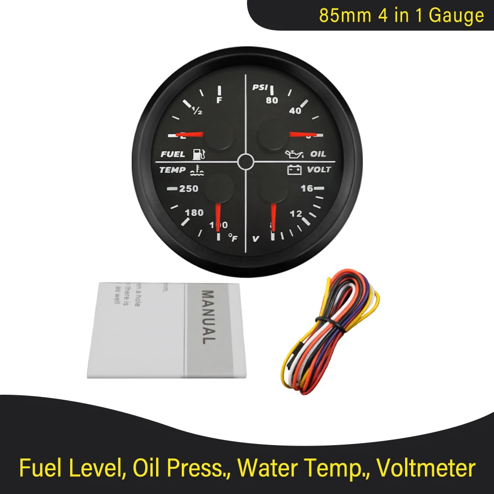 ELING 85mm Kraftstoff Ebene 0-190 ohm 240-33 ohm Öl Druck Wasser Temp Voltmeter 4 in 1 Multi-funktion Manometer Rot Hintergrundbeleuchtung 12V