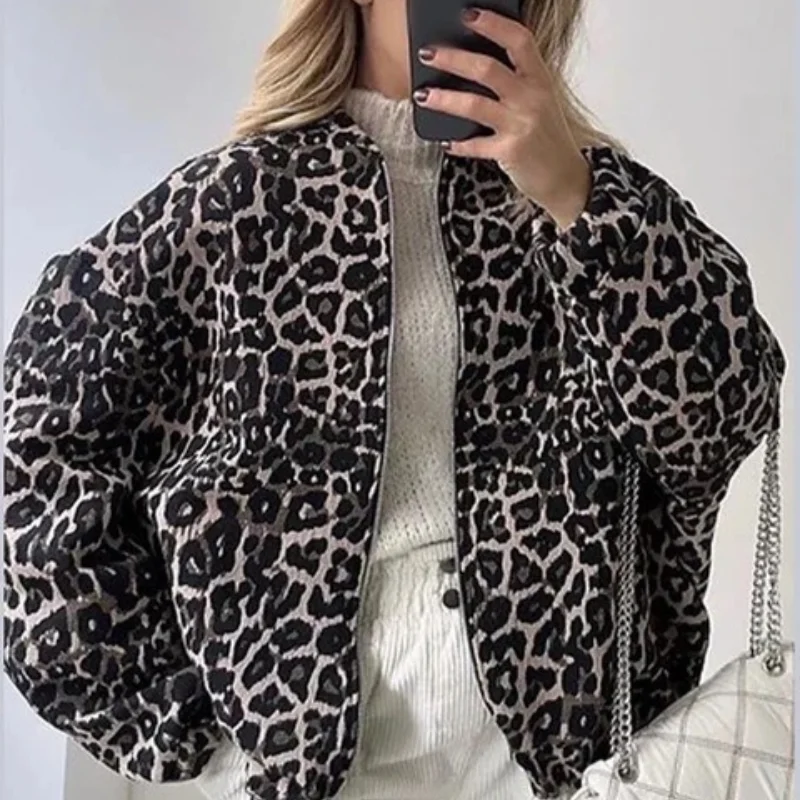 European and American style leopard print stand collar zipper quilted jacket coat women autumn and winter new fashion all-match