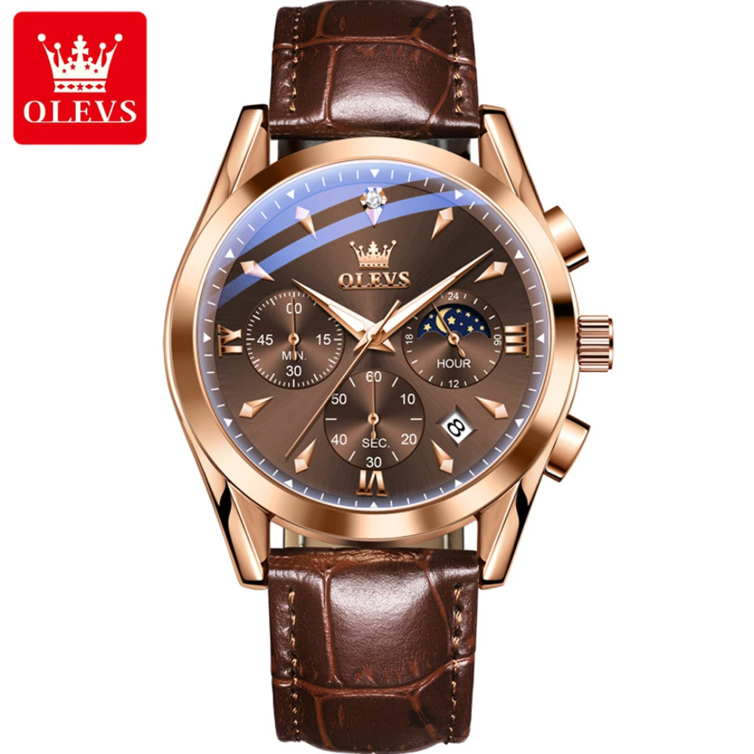 OLEVS 3609 Quartz Fashion Watch Gift Round-dial Leather Watchband Calendar Small second