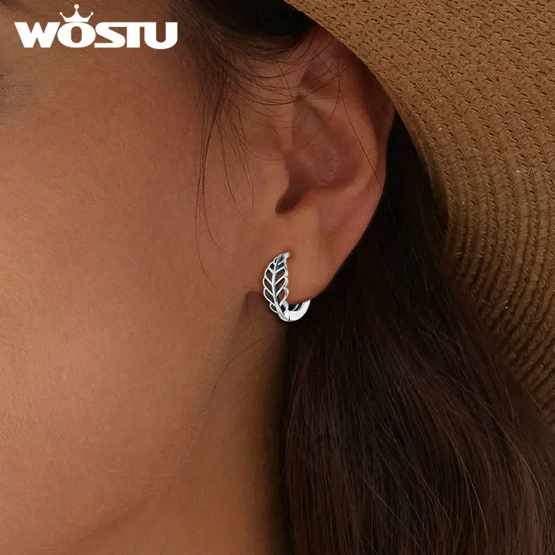 WOSTU Original 925 Sterling Silver Autumn Leaf Earrings Hollowed Ear Buckles Oxidized Silver Fine Jewelry For Women Party Gift