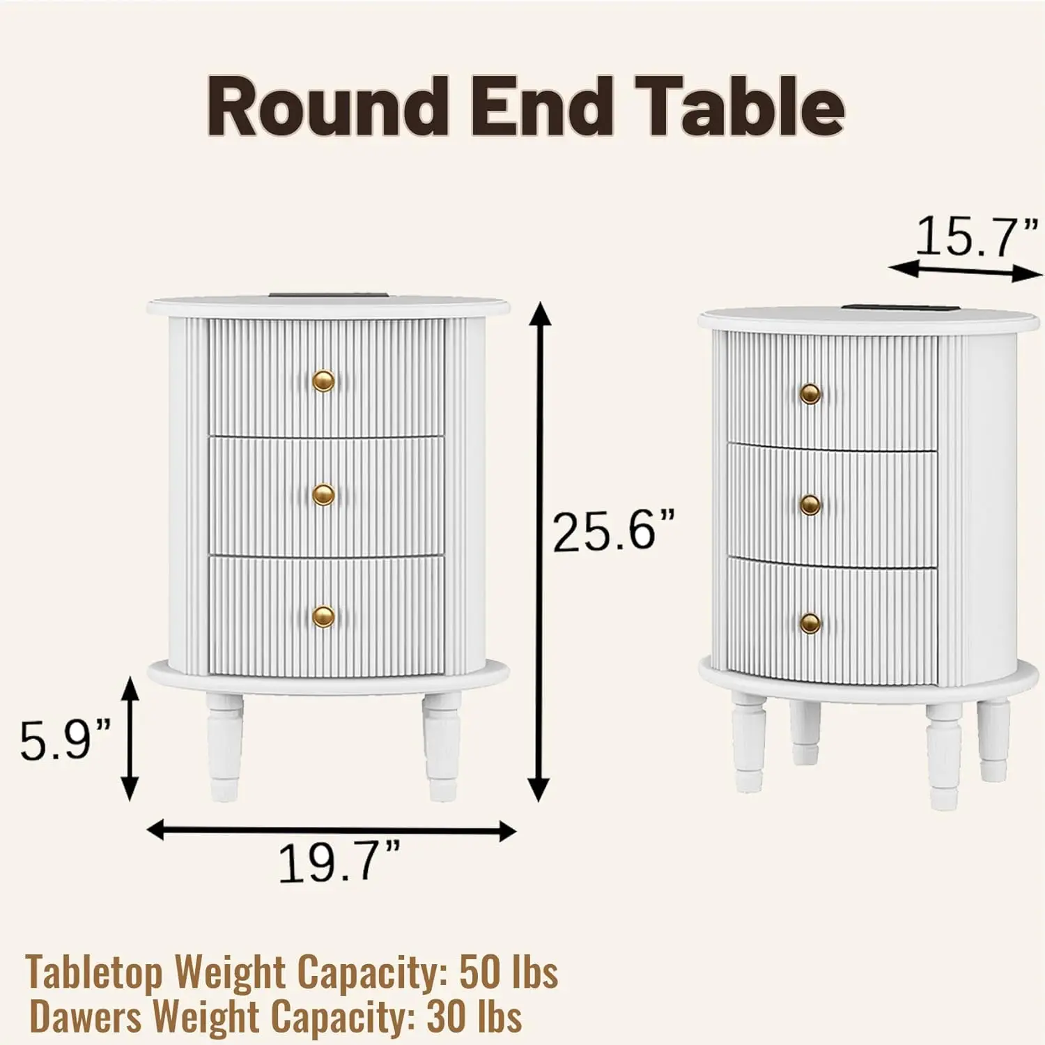 Round End Table With Charging Station, Wood Side Table With Storage For Small Spaces, White Nightstand With 3 Drawers, Couch