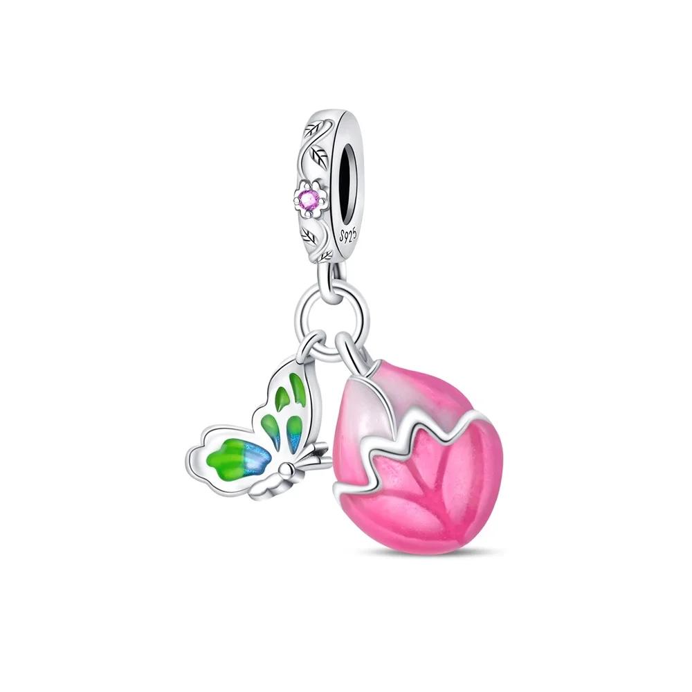 925 Sterling Silver Green Butterfly and Pink Flower Bag Dangle Charm Fit DIY Bracelet Necklaces Women's Romantic Jewelry