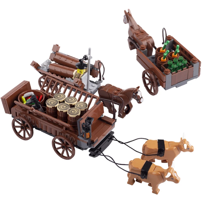 บล็อกตัวต่อตัวเลขของขวัญยุคกลาง Mini อิฐรถเข็น Ox Carriage อุปกรณ์แครอทขวดแท่งไม้ของเล่นเด็ก