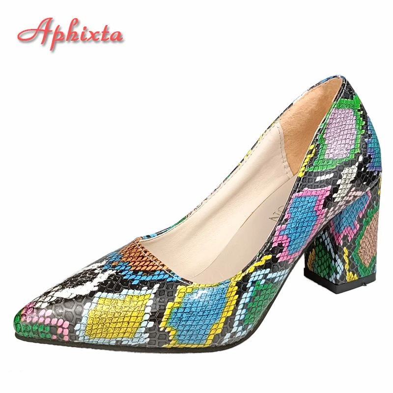 

Aphixta 2022 Snake Prints 7cm Square Heels Pumps Women Shoes Crystal Pearl Sunflower Buckle Party Leisure Big Szie 35-46