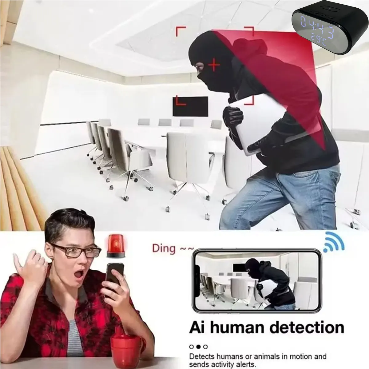 4K HD WiFi6 Camera Wireless Charger Mini Smart Alarm Clock Cameras Remote Viewing Display Temperature Camcorders Baby Nanny Cam