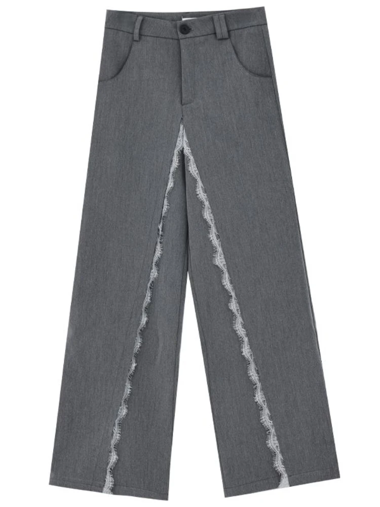 Japanese Y2K hot girl retro gray lace patchwork suit pants autumn loose casual wide leg pants long pants millennium style