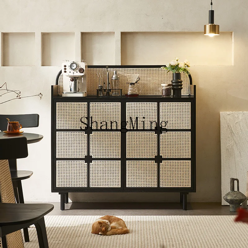 

CL Retro Solid Wood Sideboard Wabi-Sabi Style Living Room Tea Cabinet Storage Rattan Entryway Vintage Storage Cabinet