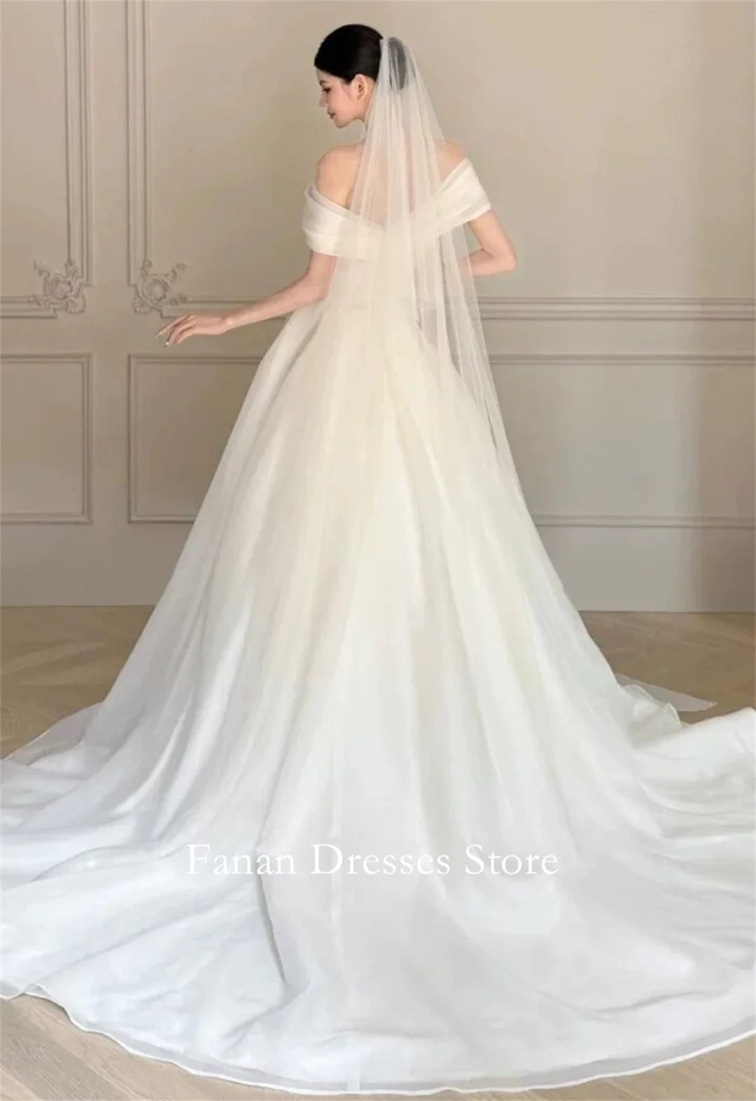 FANAN Off Shoulder Short Sleeves Organza Vintage Simple Elegant Wedding Dresses 웨딩드레스 Ivory Customized Pretty  Bride Dresses
