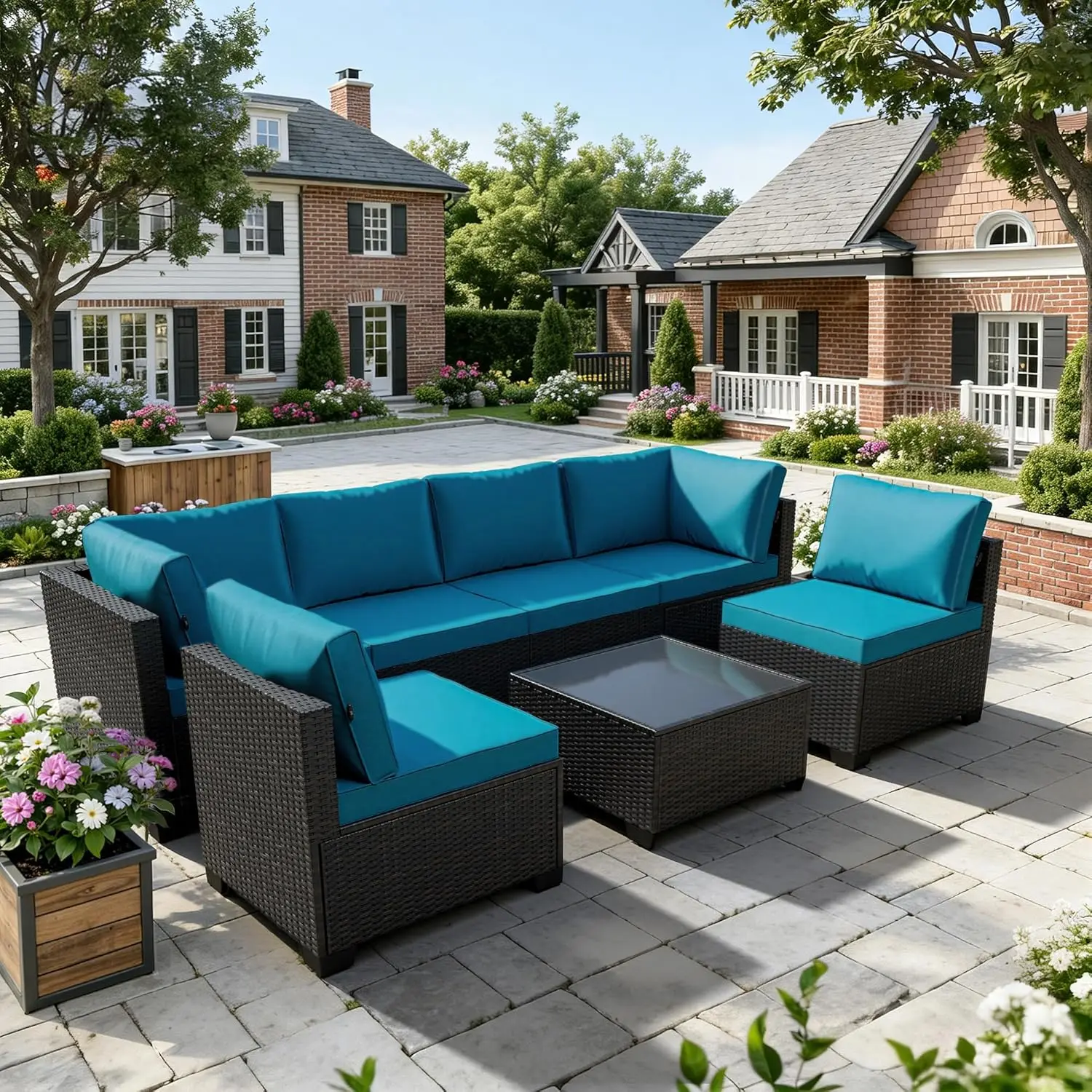 

Комплект садовой мебели из 7 предметов - всепогодный - плетеный ротанговый набор для отдыха на открытом воздухе, модульный секционный диван, на заказ