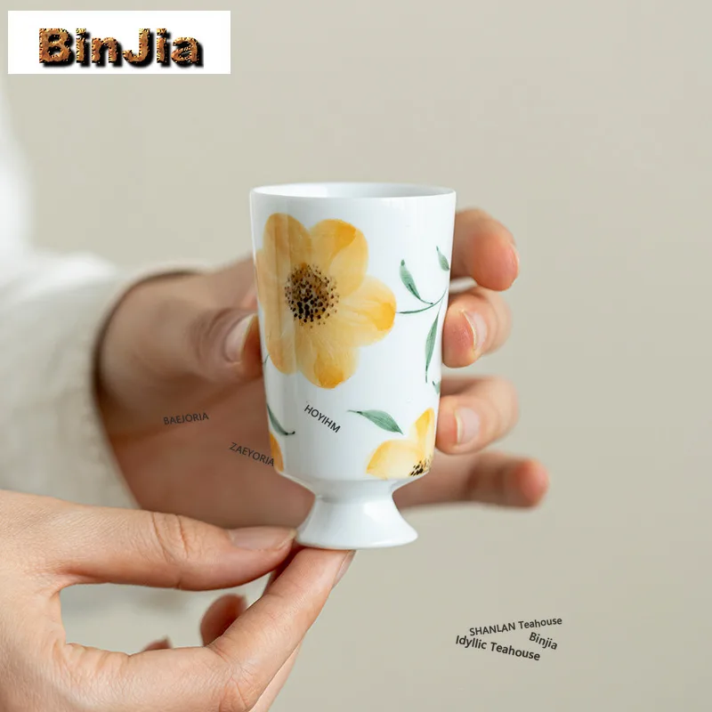 BAEJORIA 65ml Hand Drawn Gold Sunflower Ceramic Teacup Large Master Cup High Footed Fragrance Gathering Mug Kung Fu Teaset Gift