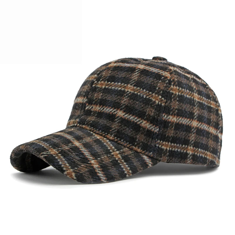 Wool Check Baseball Cap Truckers Hat Outdoor Winter Structured Plaid Checked Print for Men Women Keep Warm Thick Windproof