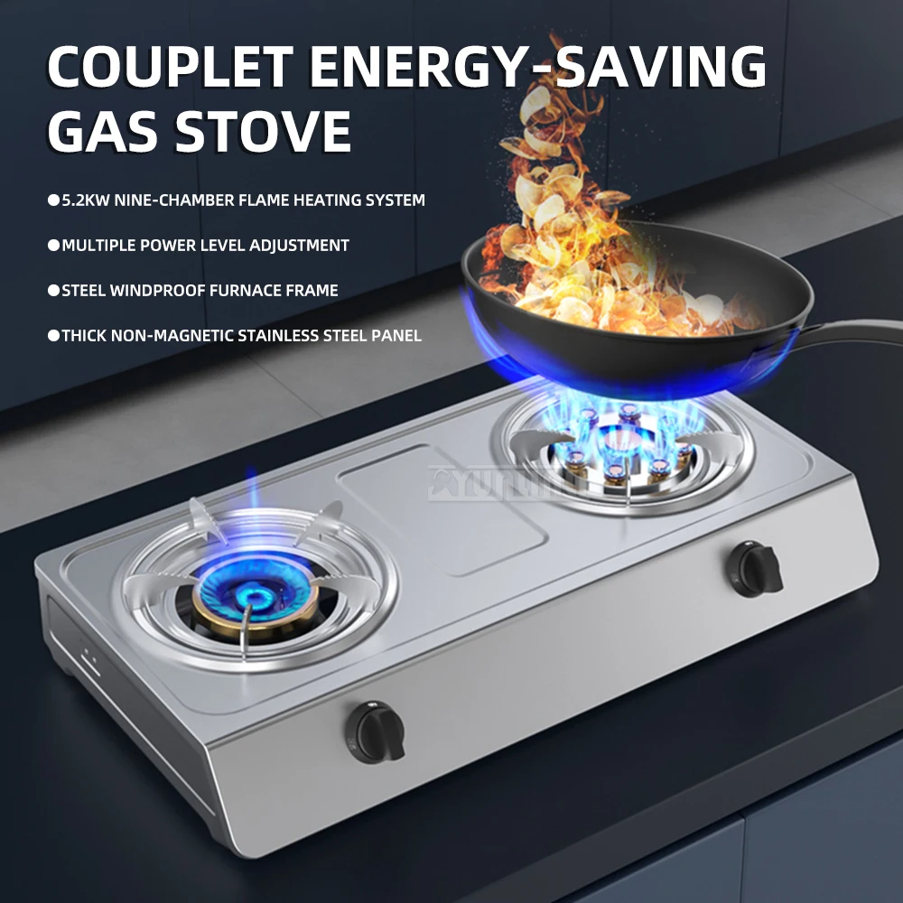 家庭用ステンレス製ガスコンロ 5.2kw デュアルバーナー 省エネ キッチン用調理レンジ
