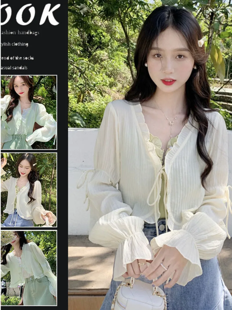 

Korean style fresh and sweet chiffon wood ear edge V-neck tie sun protection cardigan thin long sleeved top women's summer I4XE