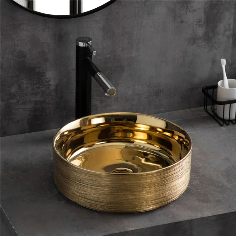 

Luxury bathroom circular ceramic sinks brushed gold wash basin bowl bathroom vessel sinks