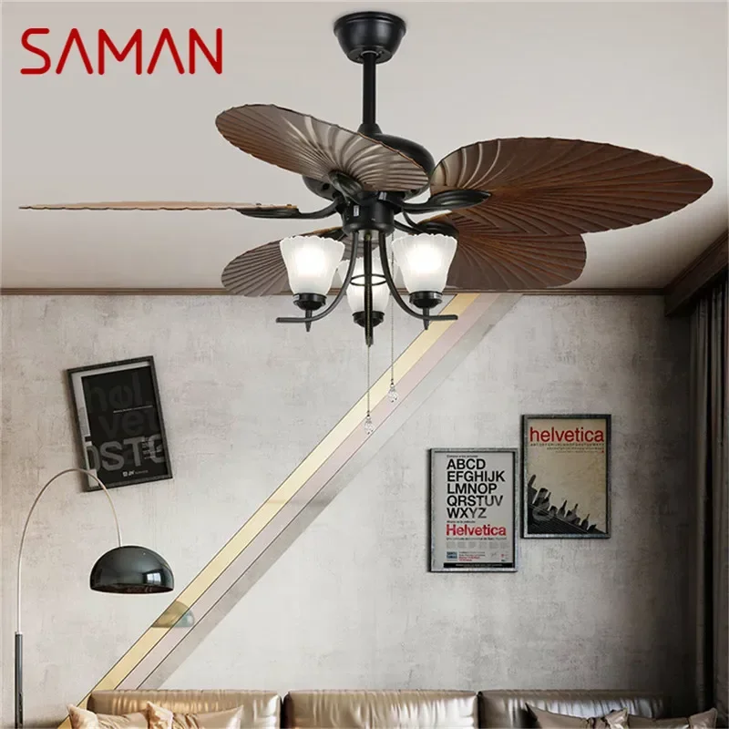 SAMAN-Luxo LED Ceiling Fan Luz, Elétrico, Remoto, Americano, Retro, Sala de estar, Restaurante, Quarto