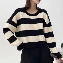 Striped Lazy Style Loose Knit Sweater Pullover Women's Long Sleeved Casual Top Soft Sticky Sweater