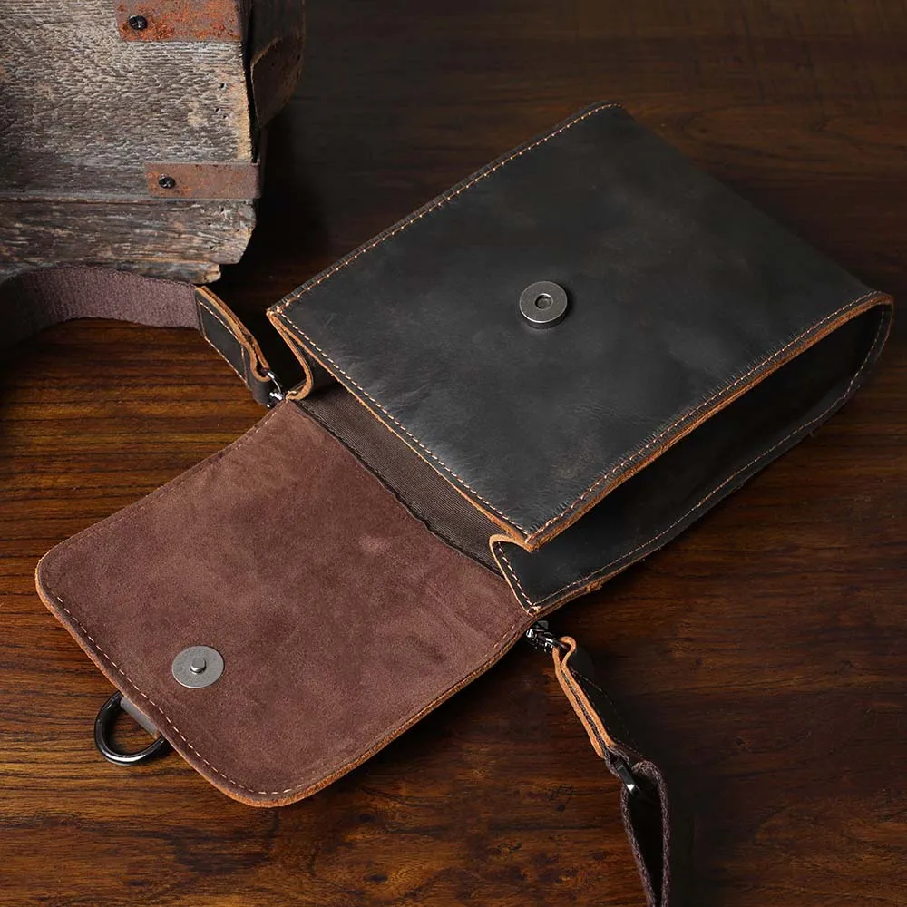 Vintage Echtleder Herren-Umhängetasche aus Crazy-Horse-Leder, Mini-Handytasche für Schlüssel und Karten – Detail 17