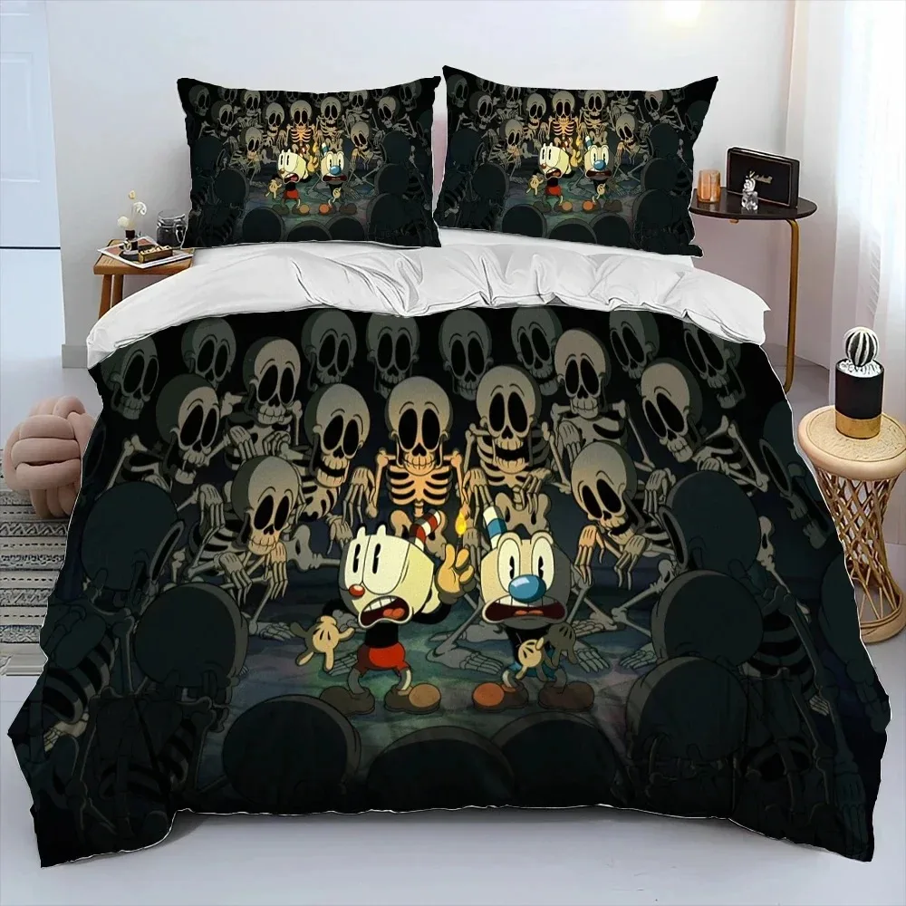 Juego de cama con estampado 3D de Cuphead Mugman, funda nórdica, funda de edredón, funda de almohada, edredón king Queen Size para niños y adultos