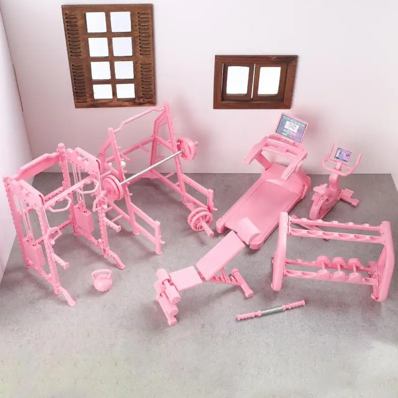 Mini Fitness Equipment Dollhouse Simulation Gym Treadmill Dumbbell Weight Lifting Machine Model Decor 1/12 Doll House Accessory