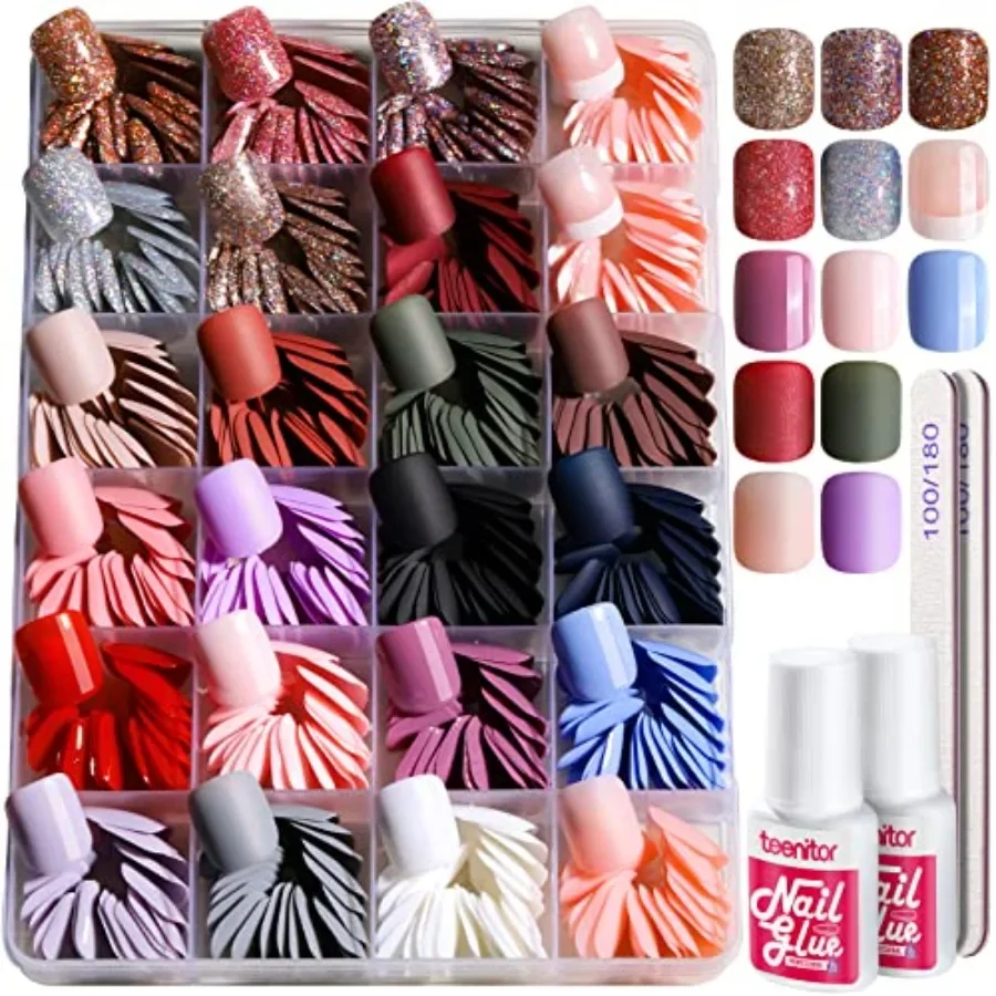 576Pcs Short Square Press On Nails Kit with Matte, Glossy, Glitter, and French Designs
