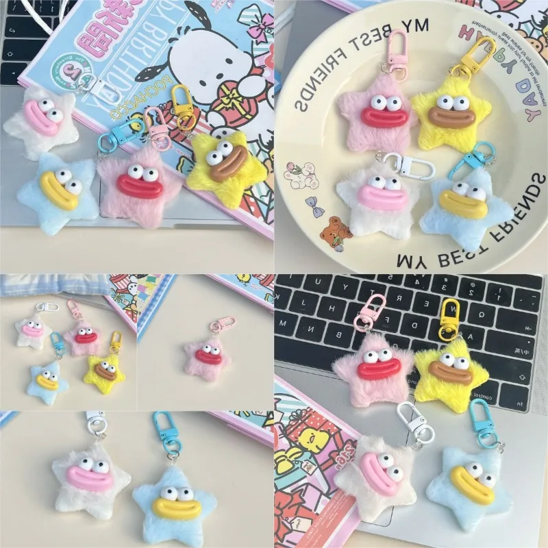 Bonito dos desenhos animados engraçado estrela chaveiro plushies pelúcia salsicha boca chaveiro kawaii y2k estrela pelúcia pingente saco pendurado 