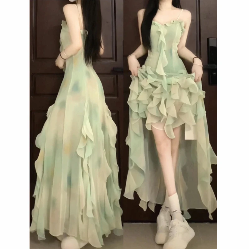 Mint Mambo Vacation Style Green Suspenders Dress Female Summer Ruffles Cinched Slimming Long Skirt