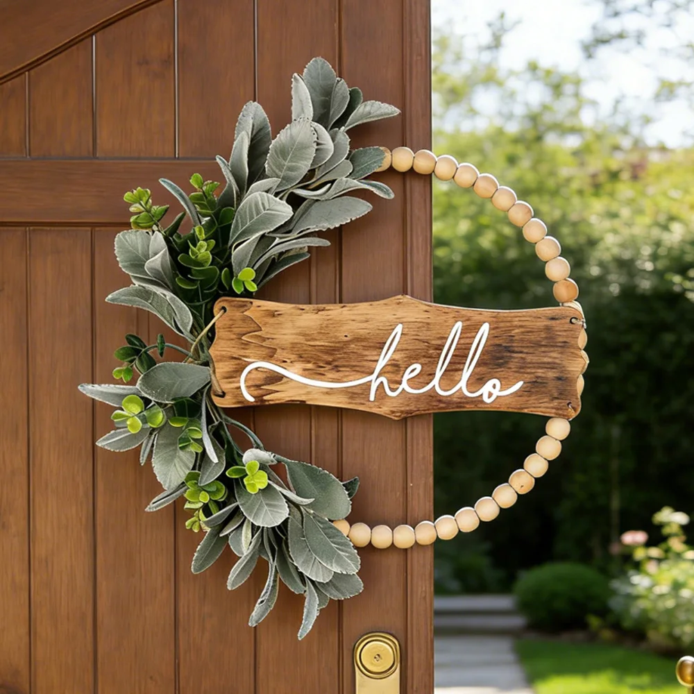 

Artificial Modern Hello Wood Bead Wreath Home Door Wall Window Garden Decor Faur Greenery Garland Rattan Decoration Sign Gifts