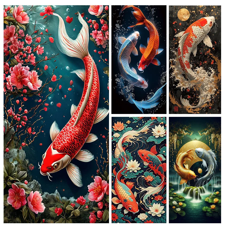 

Japanese Red Koi Fish Landscape Rhinestone Picture 5D diy Diamond Painting Mosaic Flower Embroidery large size cross stitch Home