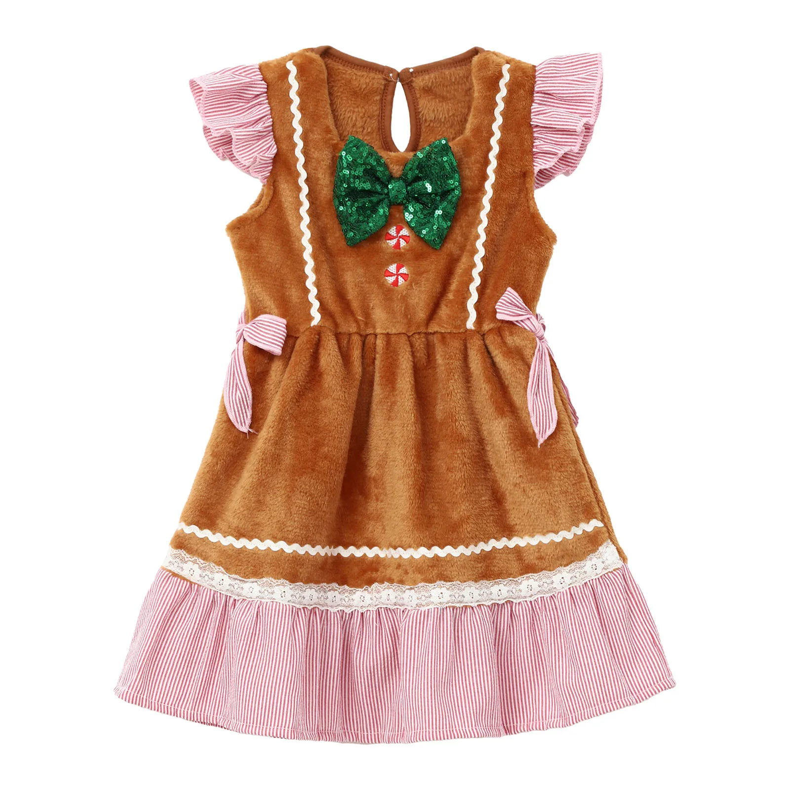 

Toddler Girls Christmas Gingerbread Man Costume Flying Sleeve Sequin Bow Plush Striped Dress Xmas Theme Party Cosplay Clothes