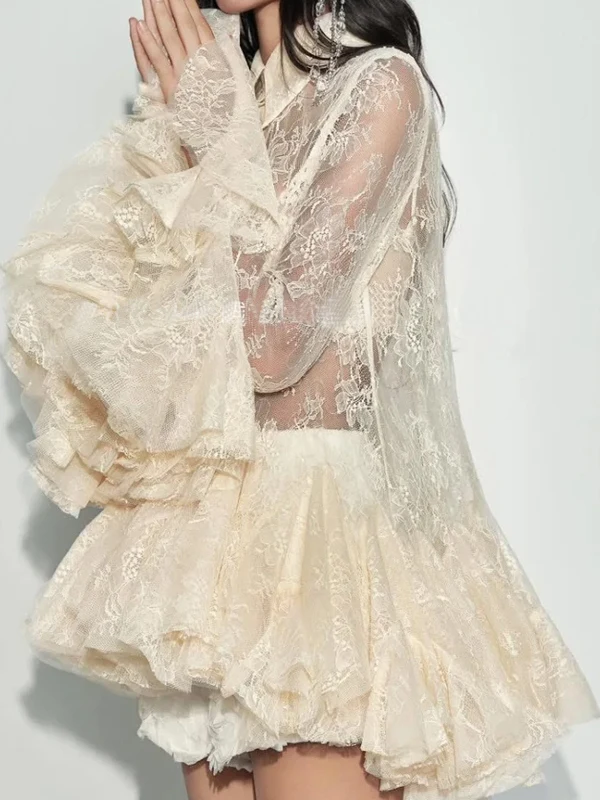 الصيف مثير الحلو الدانتيل أعلى جرس بوت تصميم تنفس رقيقة البوليستر طويل Sve طوق لون نقي Ele Sle Wome...