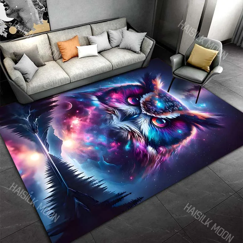 Ковер с изображением космической совы, туманности, озера и леса, 1 шт., для гостиной, спальни, дивана, домашнего декора, нескользящий напольный коврик, роскошный подарок