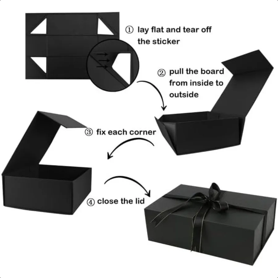 Grande confezione regalo nera14x9x4,5 polliciCofole regalo con chiusura magnetica, coperchio, nastro e scatola regalo per carte per compleanni, San Valentino Da