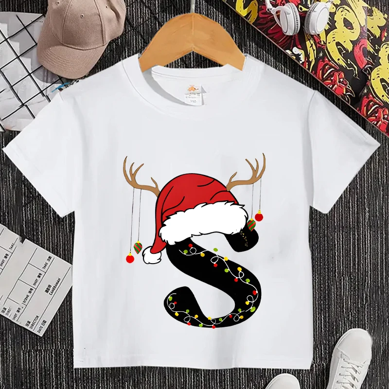 Christmas Holiday Party Children T-Shirt for Girls Boys Clothing 26 Alphabet Letters Printed Kids Outfits Casual Child Y2k Tops