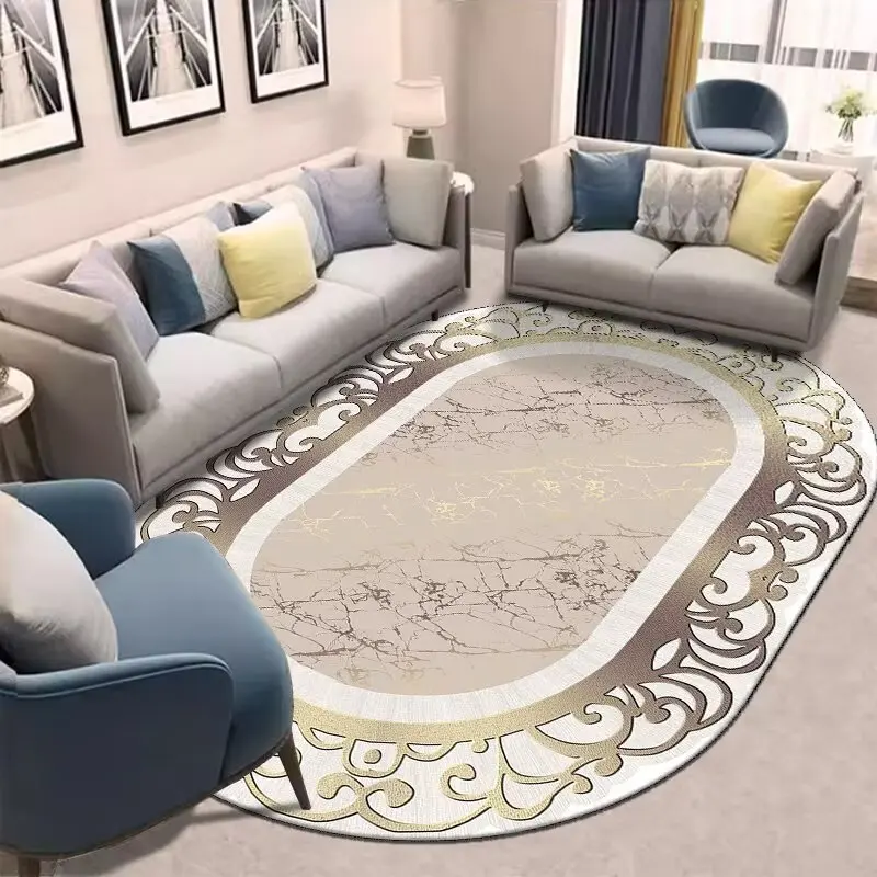Tapis ovale doré pour salon, décoration de luxe persane, chambre à coucher, facile à nettoyer, en peluche, pour salon, vestiaire, tapis doux antidérapant