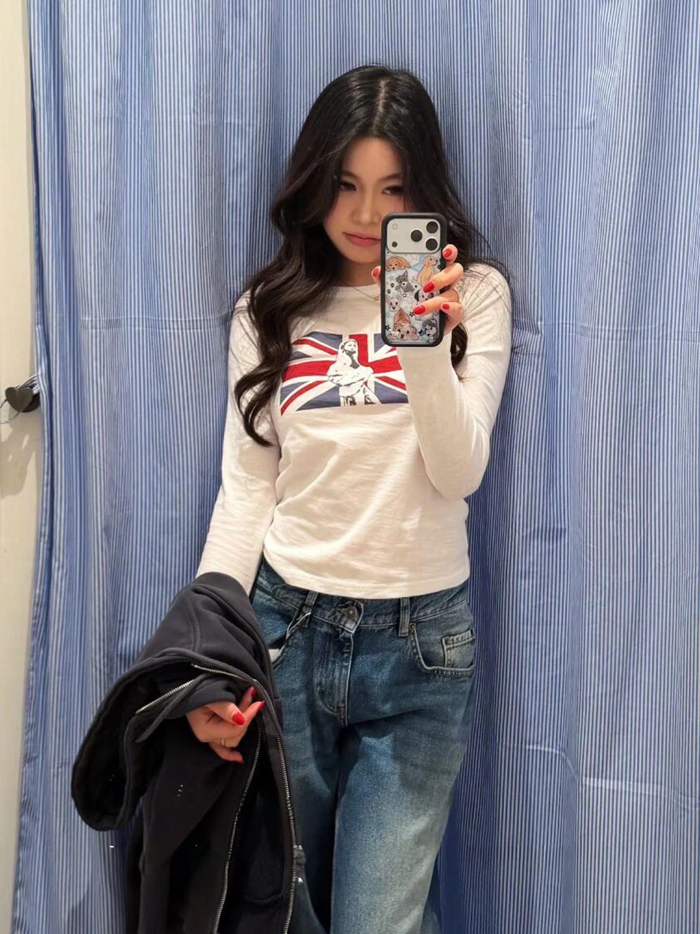 American Style Long Sleeve T-Shirt Women Early Spring Wear Flag Pattern Print Base Shirt Slimming Inner Wear Top for Girls