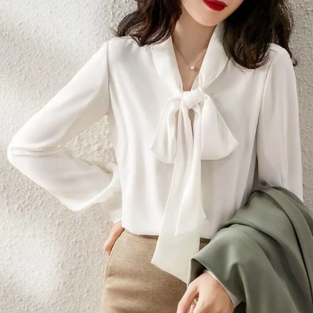 

Fashoin Riband Women Blouse Slim Fit Chiffon Long Sleeves Shirt Solid Color White Blouse